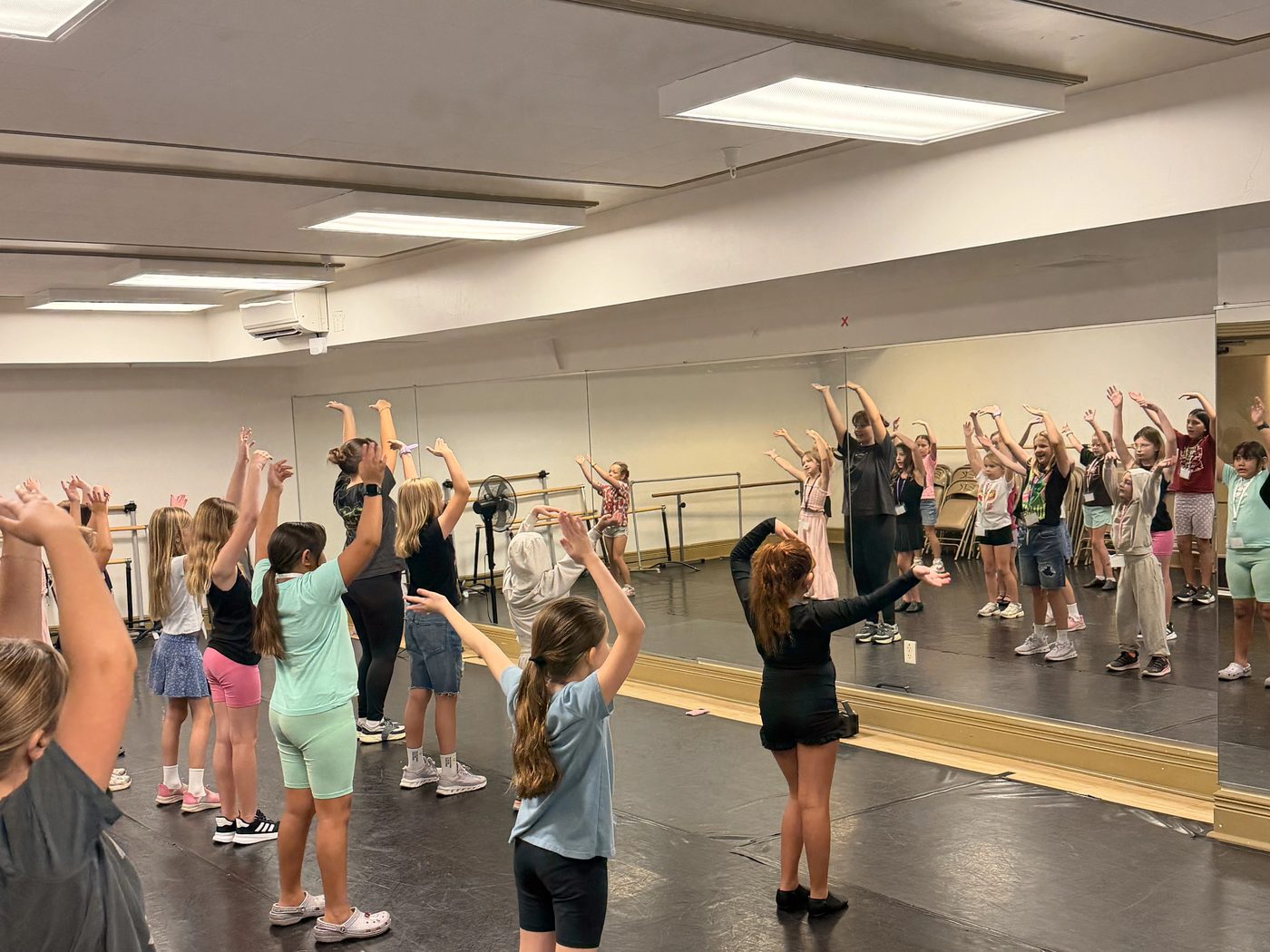 Campers learning choreography in the rehearsal room