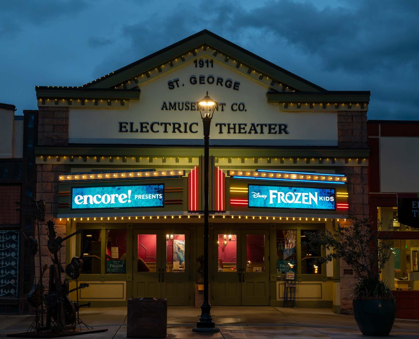 The historic Electric Theater in St. George, Utah at dusk