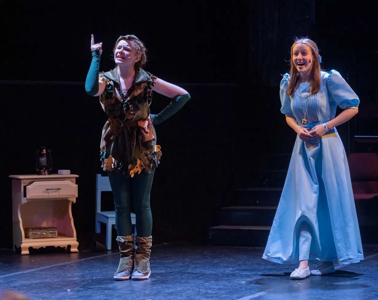 Peter Pan and Wendy on stage in Encore's production of Peter Pan