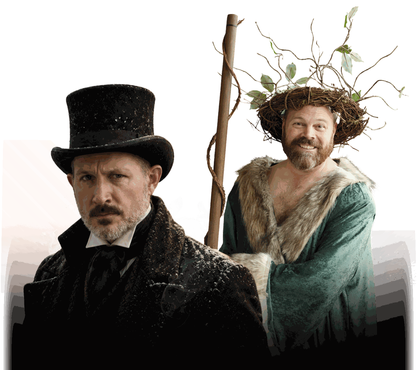 Corbin Allred as Ebenezer Scrooge beside the Ghost of Christmas Present